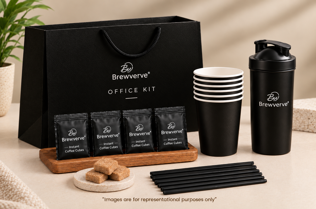 Brewverve Office Kit – Premium Coffee Made with Coffee Cubes at Just ₹69 Per Cup. No Machine, No Waiting.